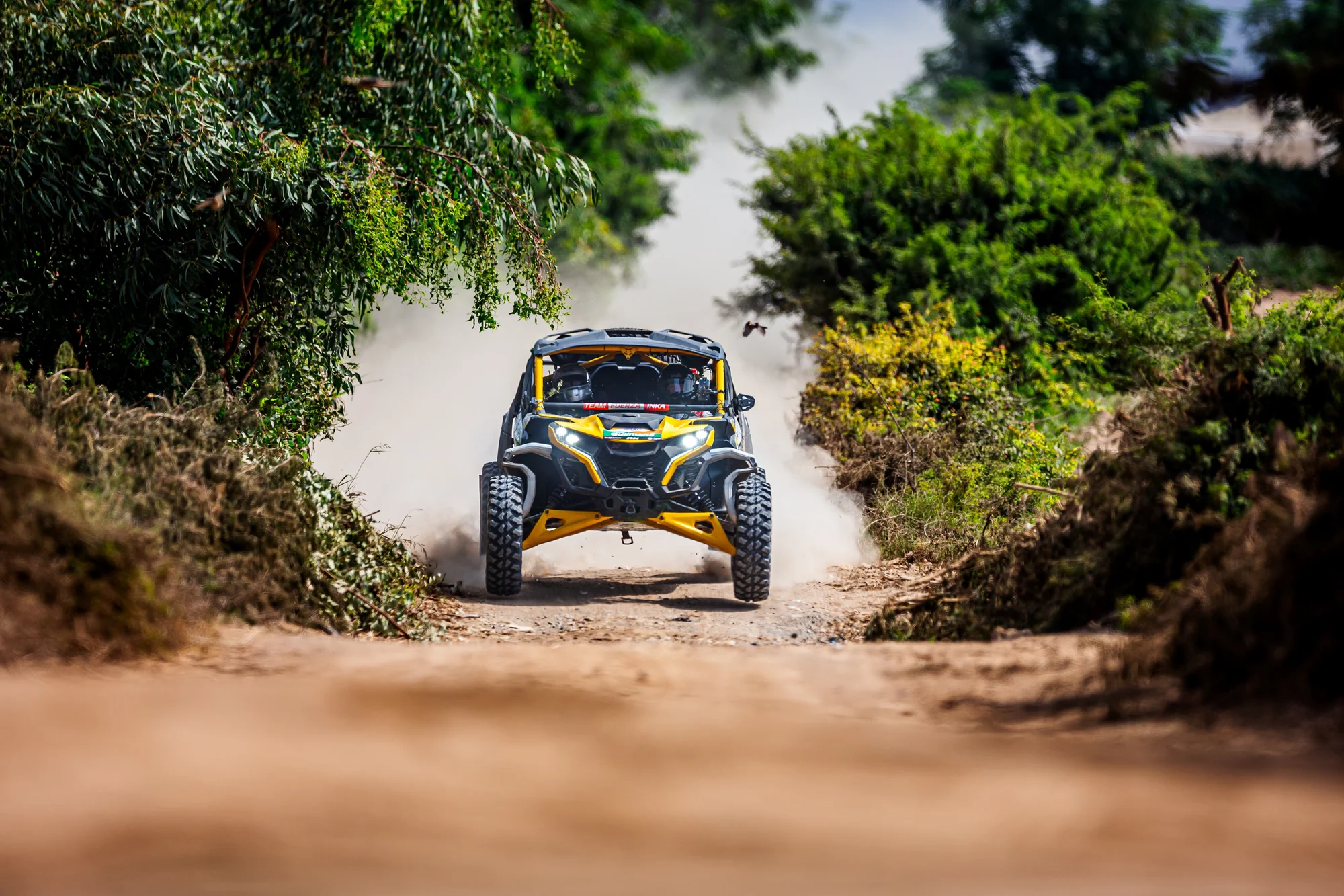 Can-Am XRS approaching along a wooded trail