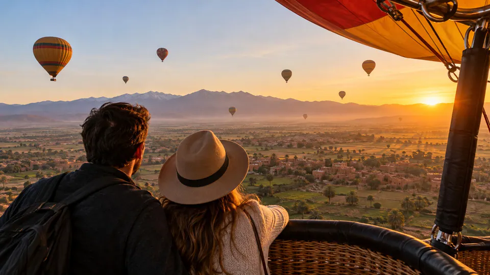 Hot air balloon flight over Marrakech at sunrise