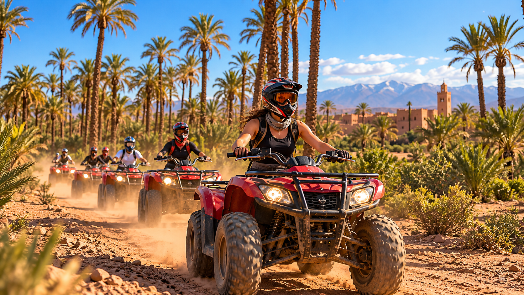 Quad bike group riding through Marrakech Palmeraie