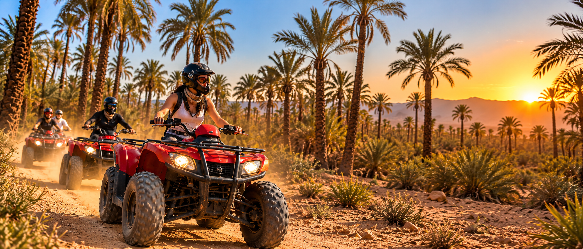 Quad riders following a palm grove trail