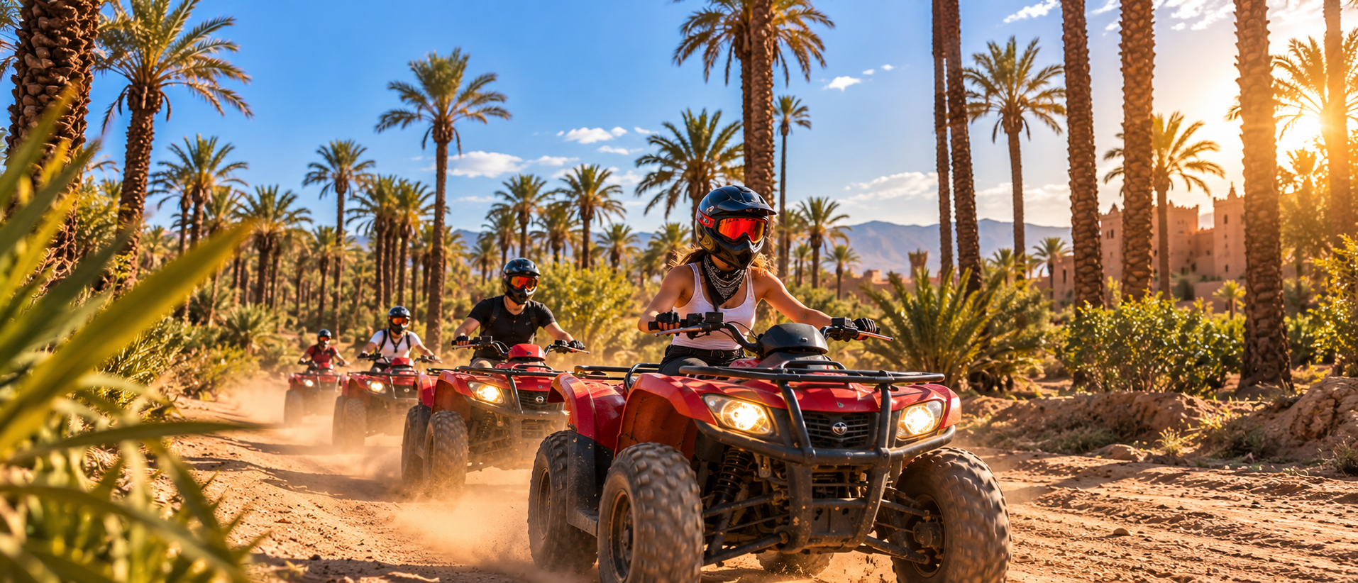 Quad bike group crossing the Palmeraie landscape