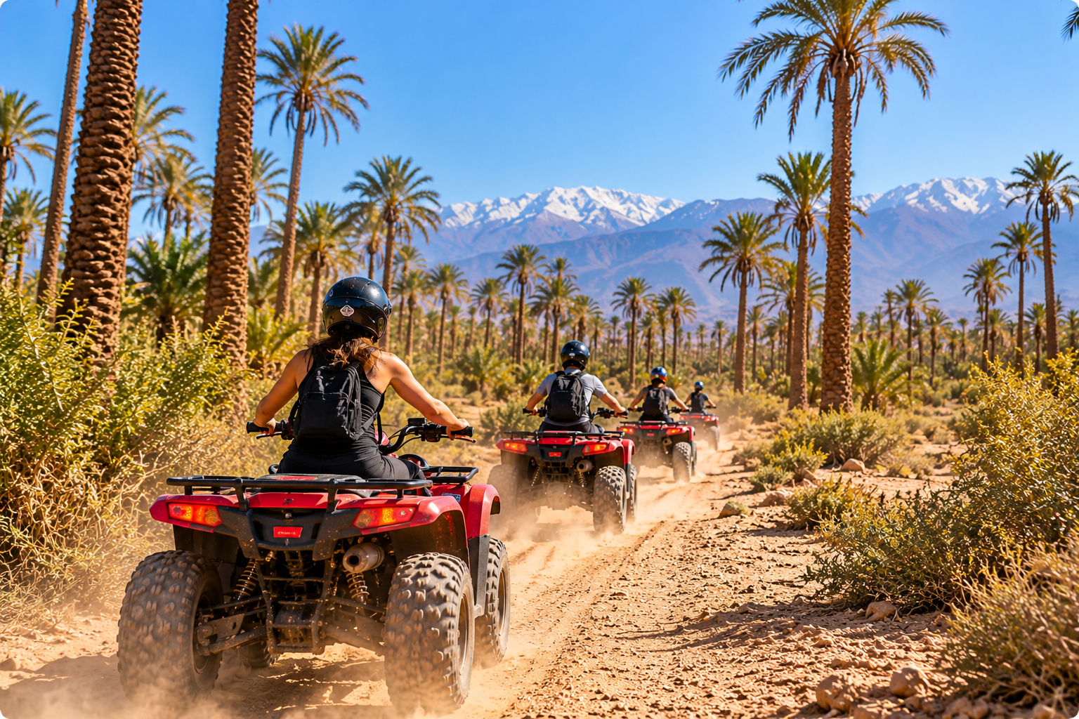 Quad riders exploring Marrakech Palmeraie trails