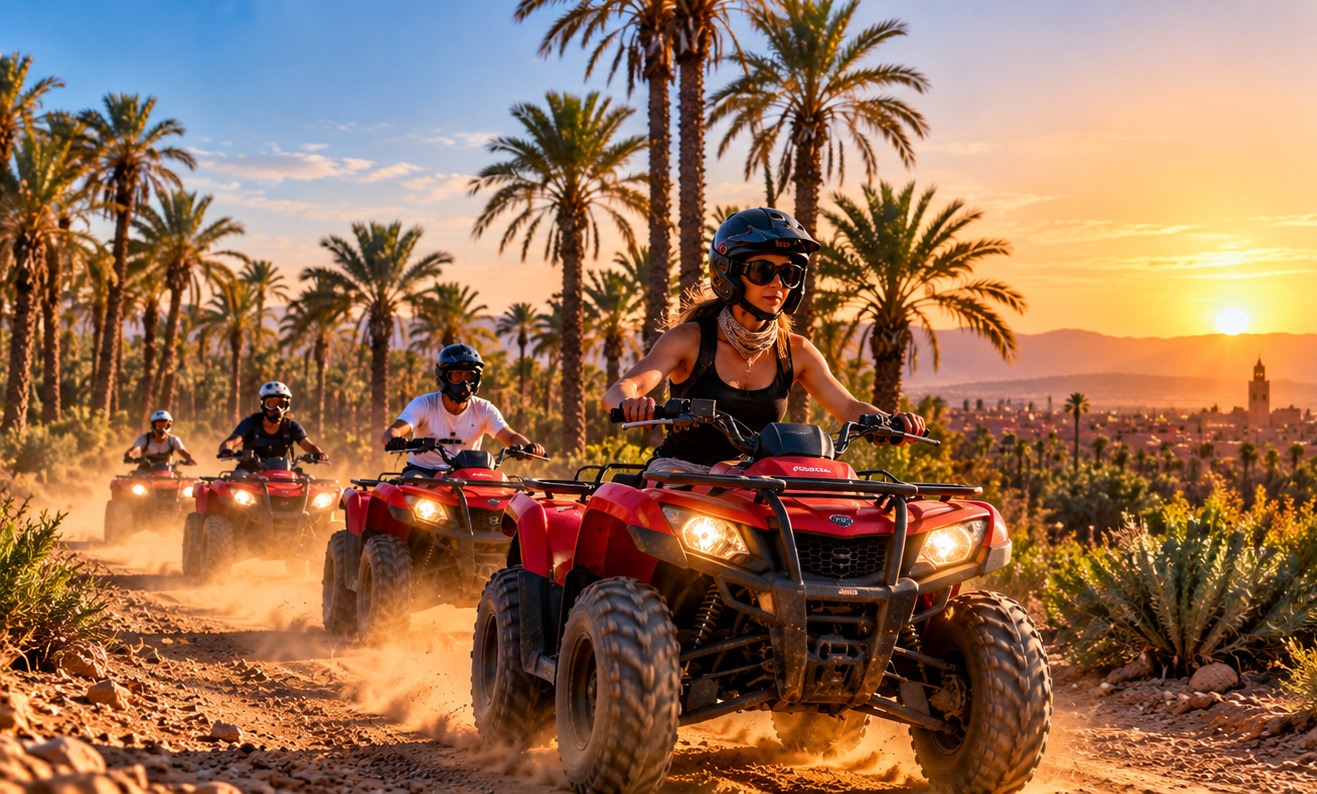 A group riding quad bikes through Marrakech Palmeraie