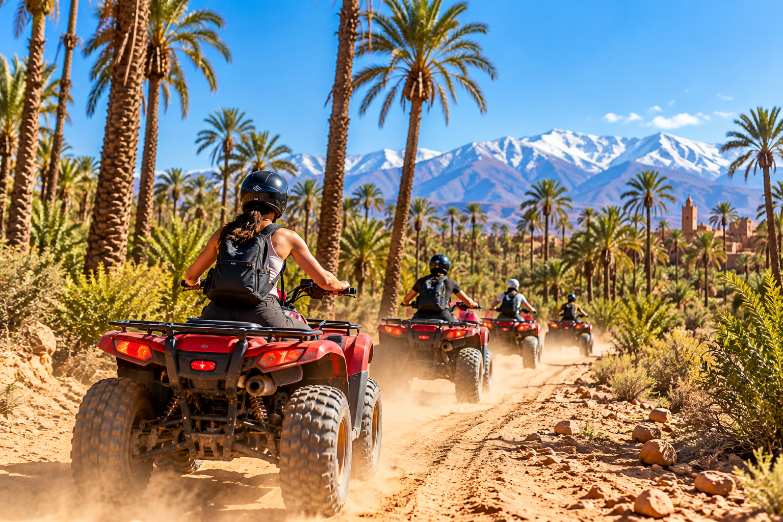 Quad riders exploring Marrakech Palmeraie trails